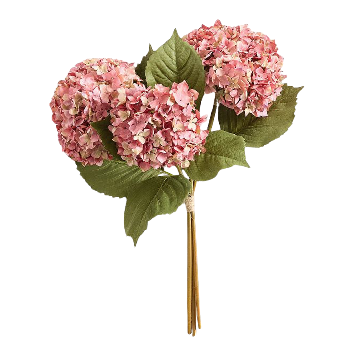 pink Faux Hydrangea Bundle with green leaves