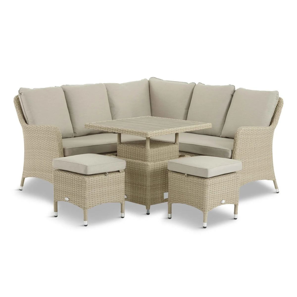 a beige rattan dining set with a corner sofa, two stools and a small square table