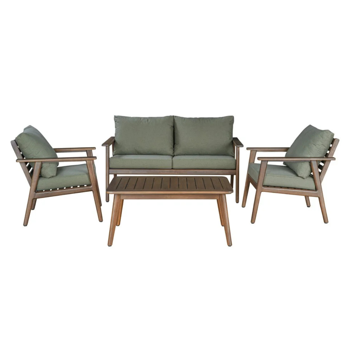a wooden garden lounge set with a sofa and two armchairs with dark green cushions