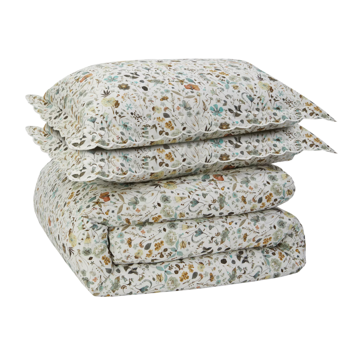 a folded duvet set with a cream background with an earthy coloured floral pattern