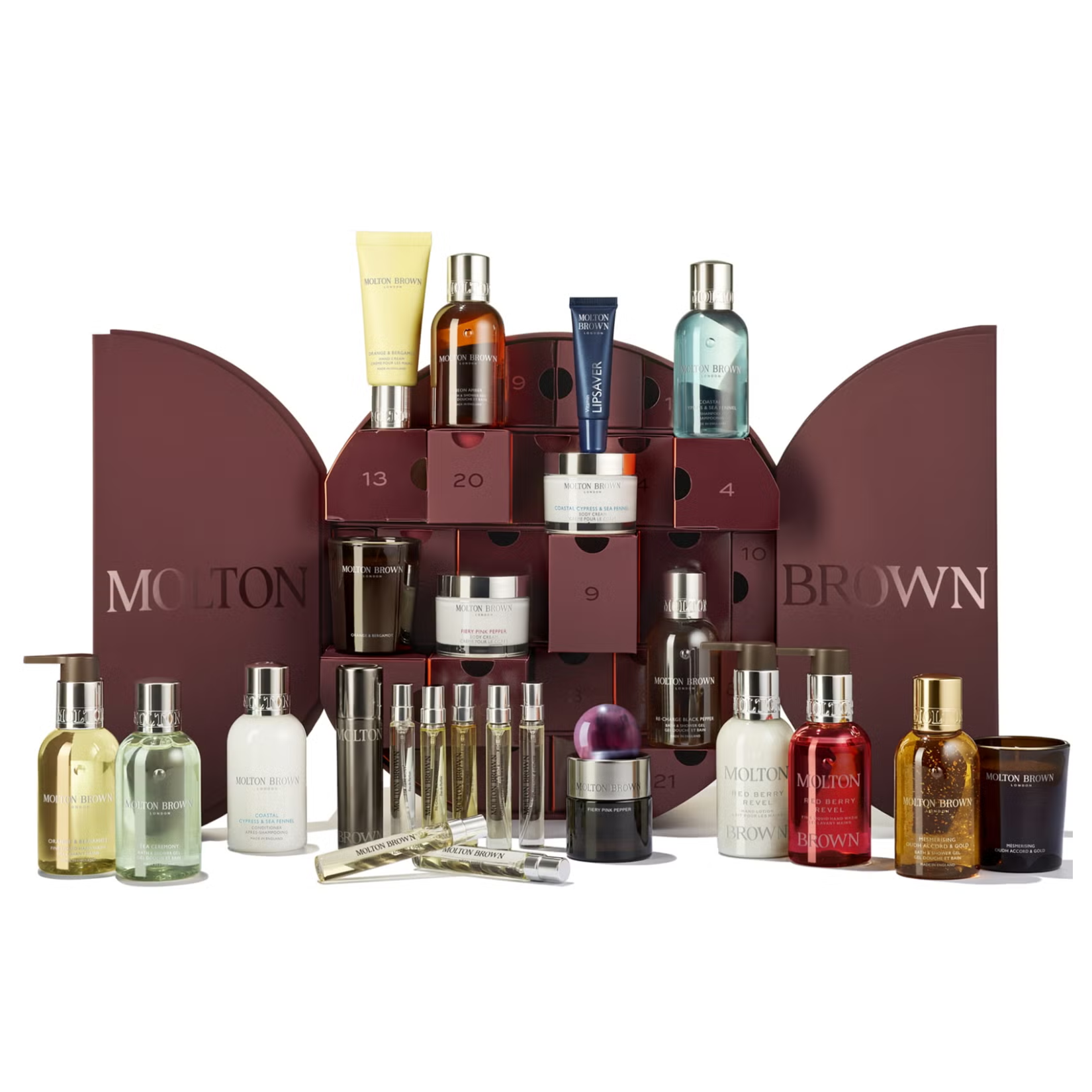 Molton Brown "Decadent Delights" Advent Calendar in deep burgundy, with open doors displaying numbered drawers and luxury bath and fragrance items arranged in front