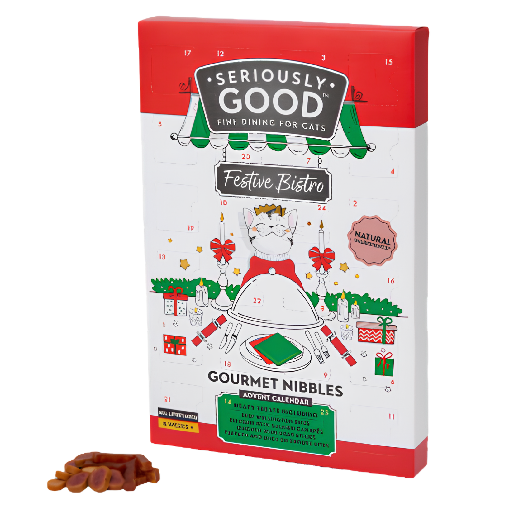 Seriously Good "Festive Bistro" cat advent calendar in white and red with an illustration of a cat at a bistro table and treats piled nearby