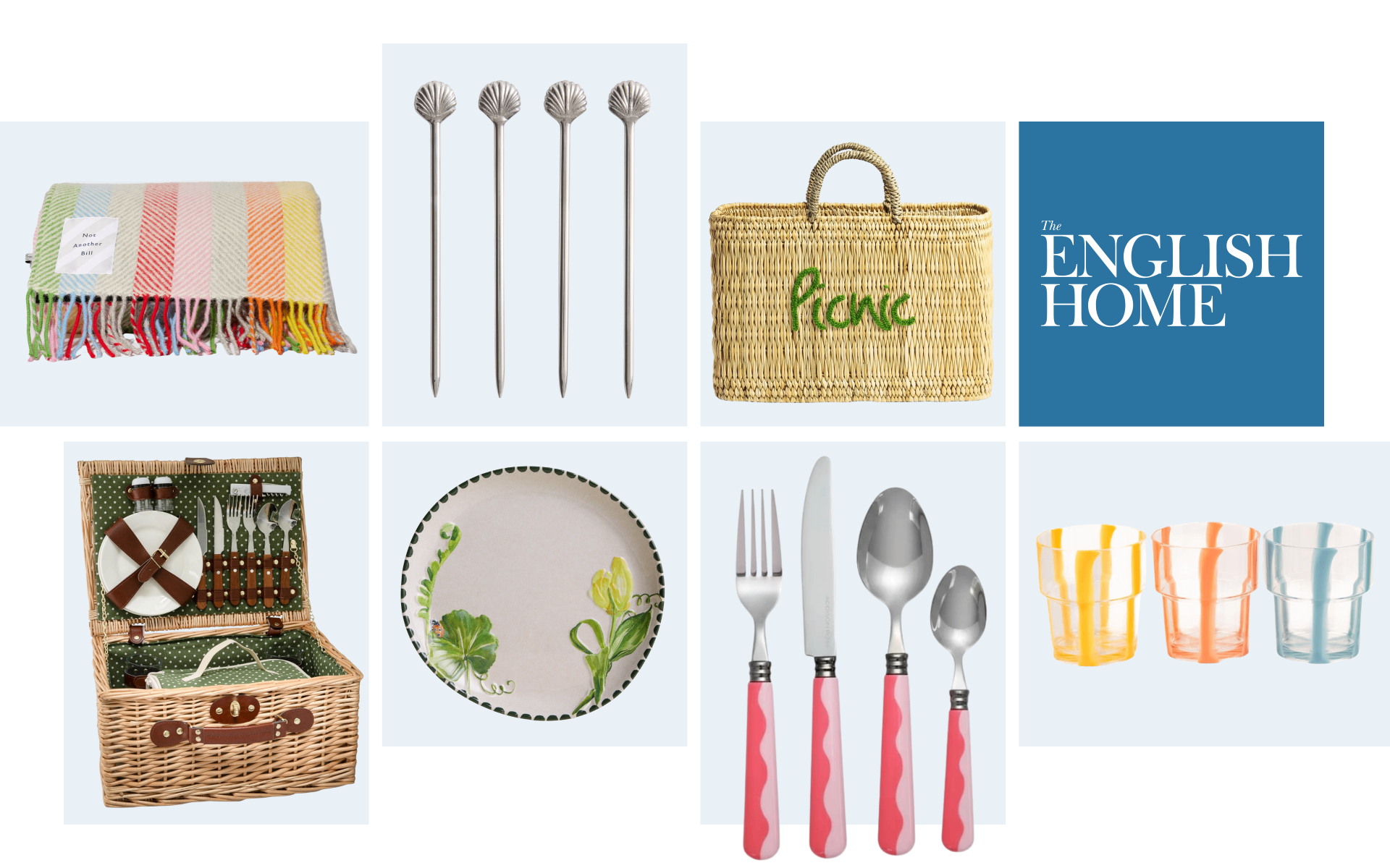 a collage of picnicware, including baskets, blankets and cutlery with the english home logo