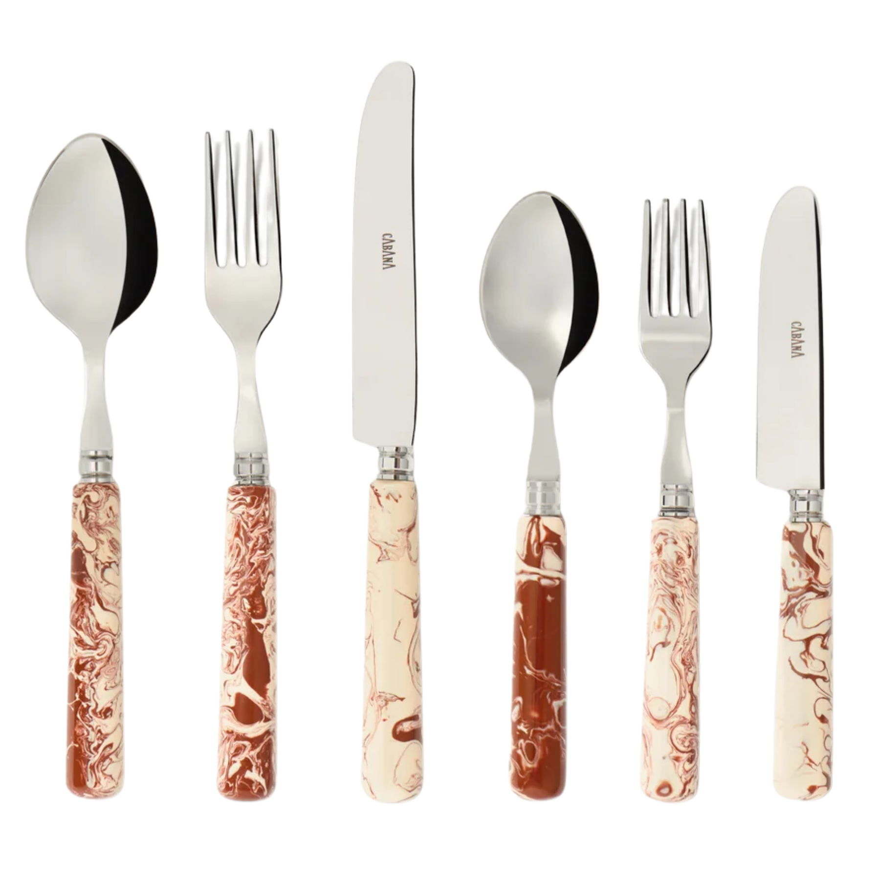 set of 6 silver cutlery with cream and rust orange marbled handles