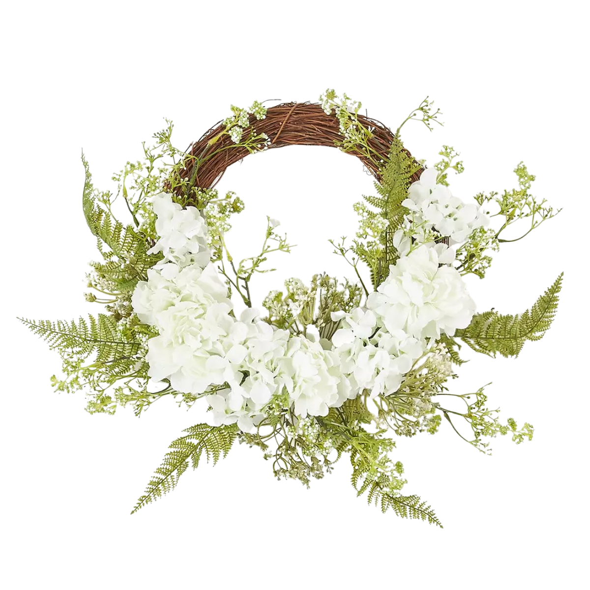 a rattan wreath with faux peonies and greenery