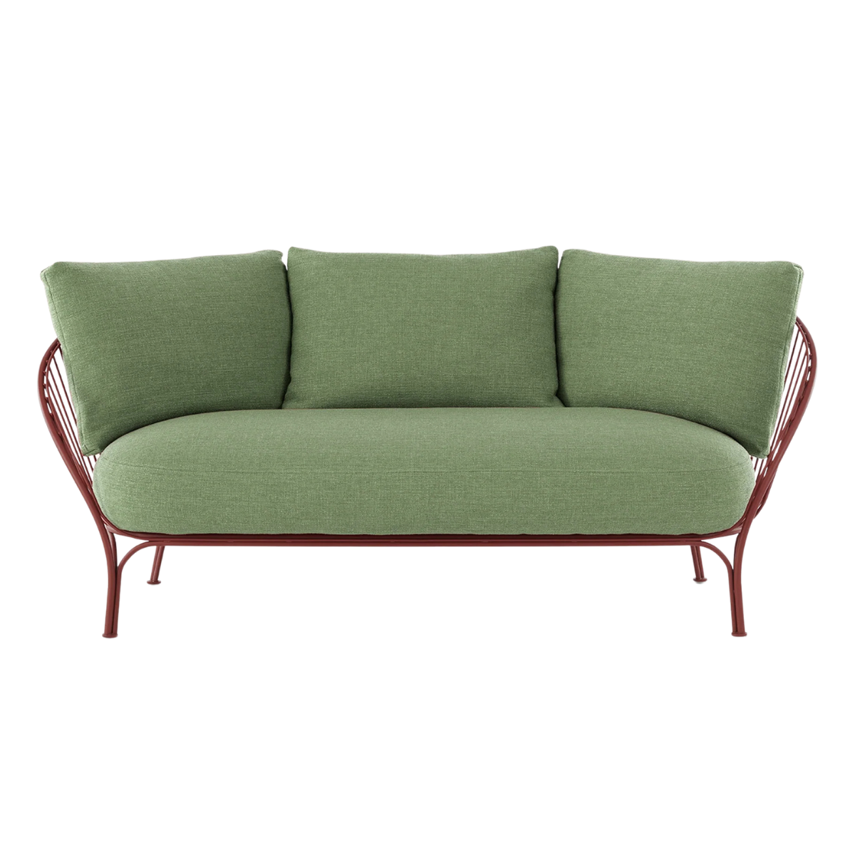 an outdoor sofa with a dark red metal frame and green seat cushions