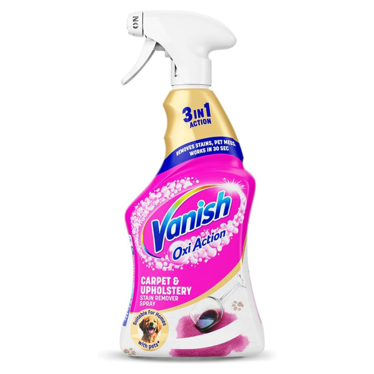 vanish oxi action spray in a pink and gold bottle