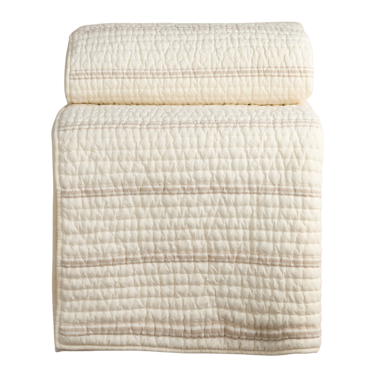 a pale yellow muslin bedspread with a subtle stripe