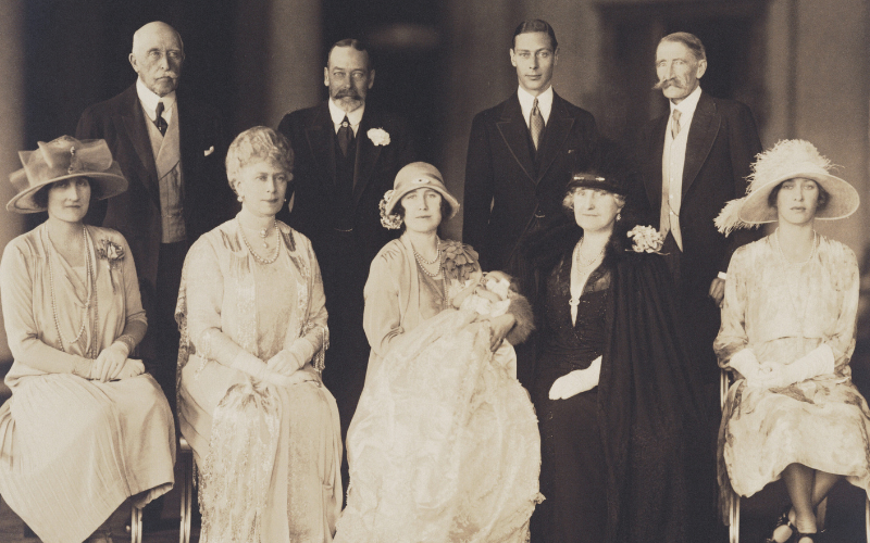 Princess Elizabeth after her christening with her parents, grandparents and godparents , 1926