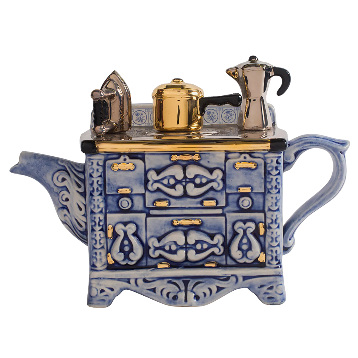 a blue teapot in the shape of a french stove