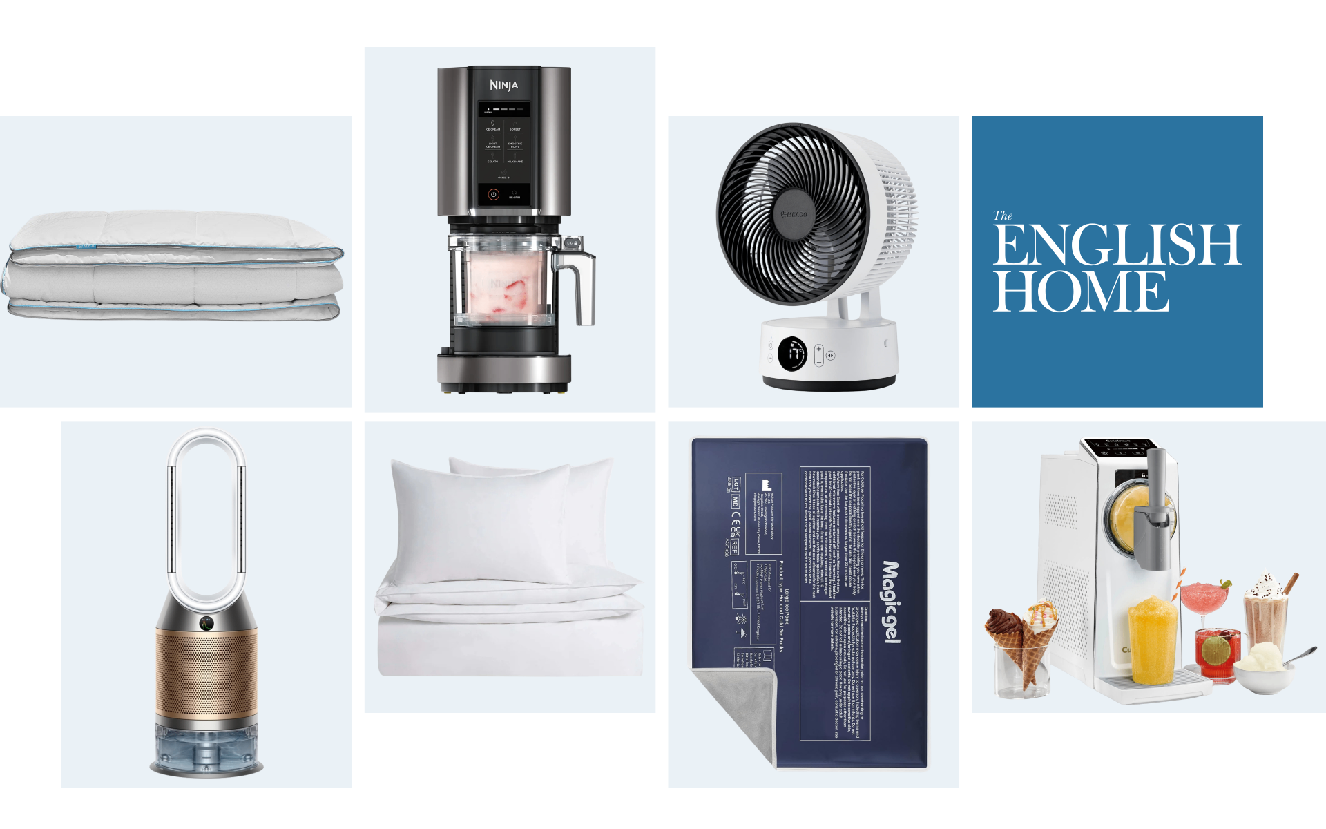 a collage of products for a heatwave including fans, an ice cream maker and bedding