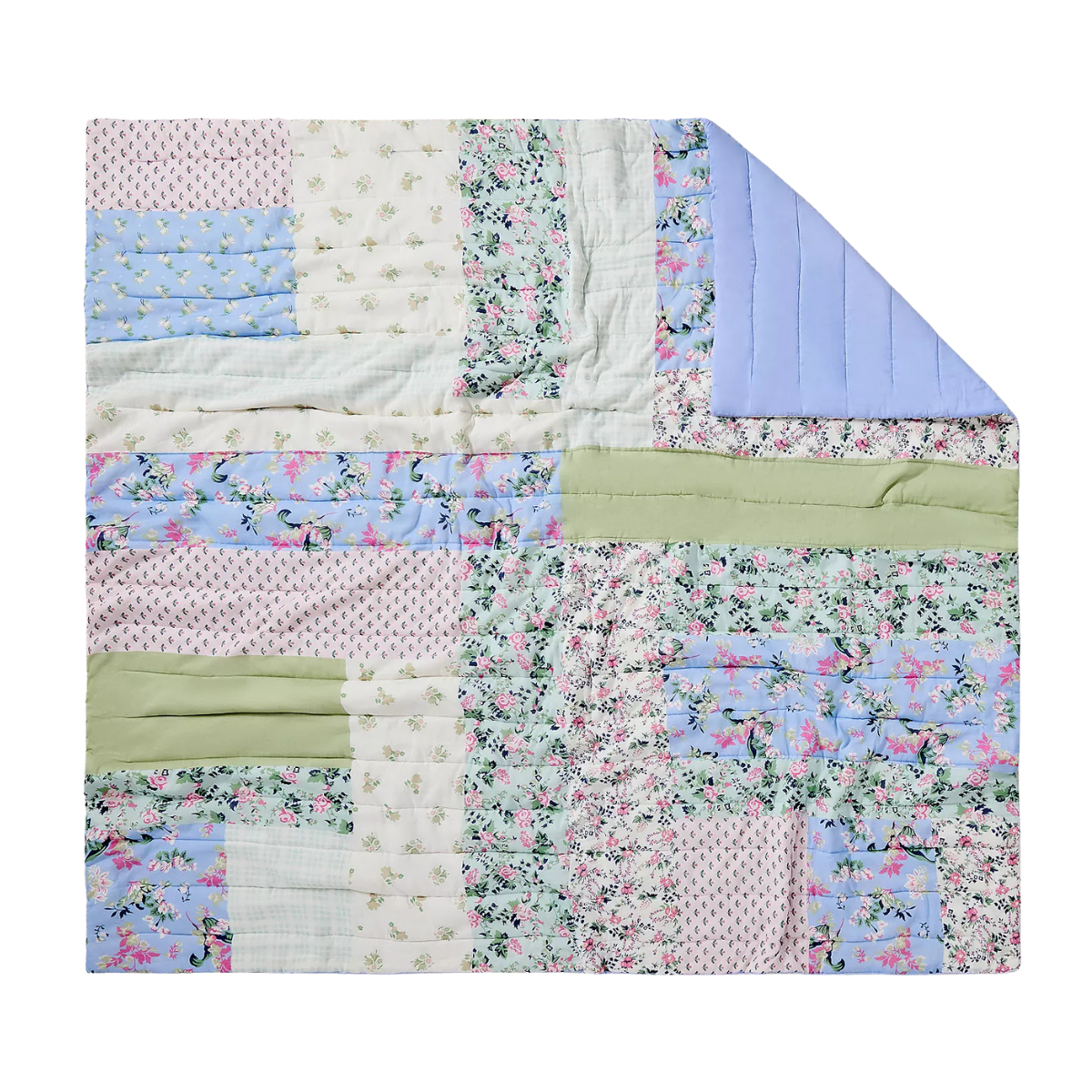 a ditsy floral patchwork bedspread with blue, pink and green