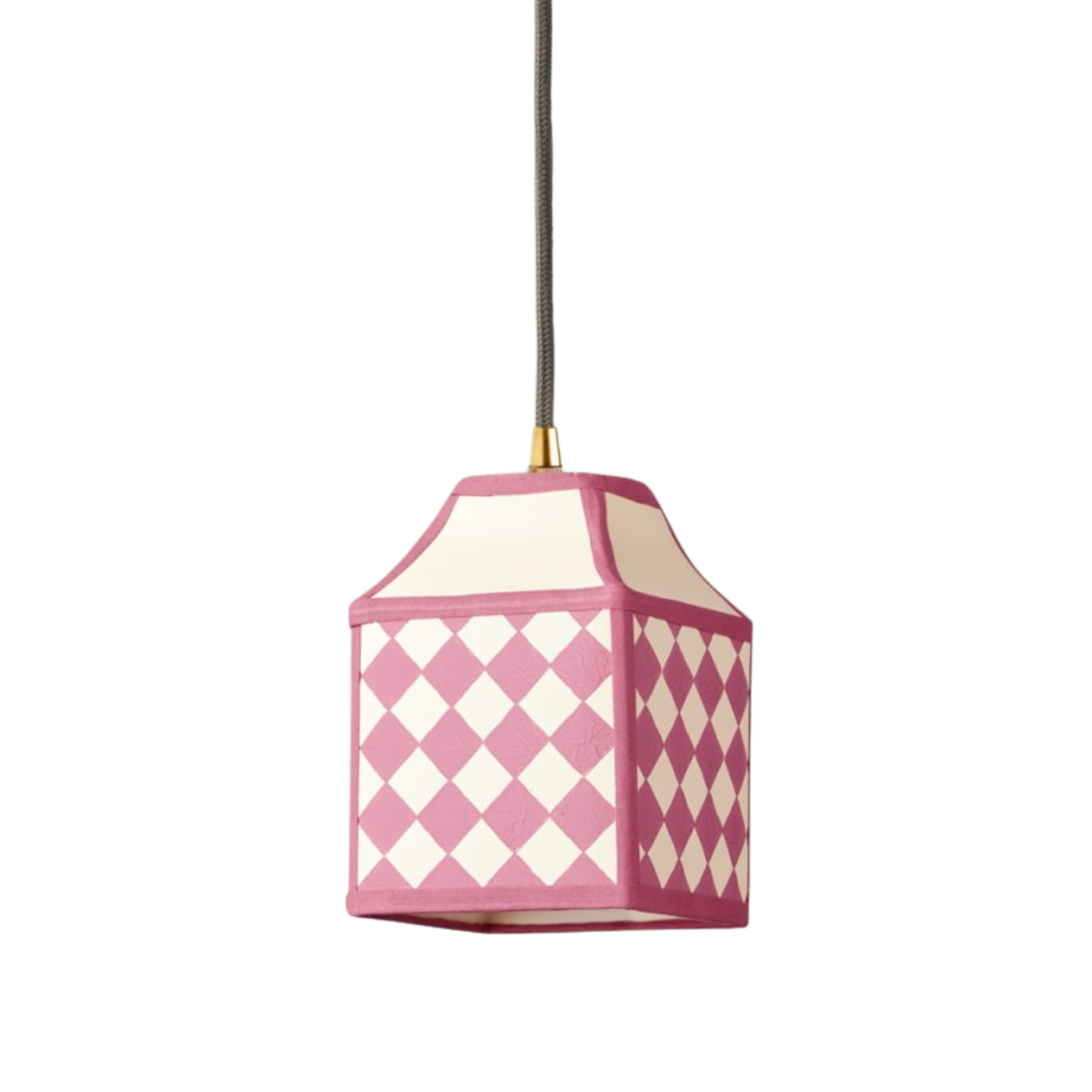 a pink and white checkerboard square pendant light