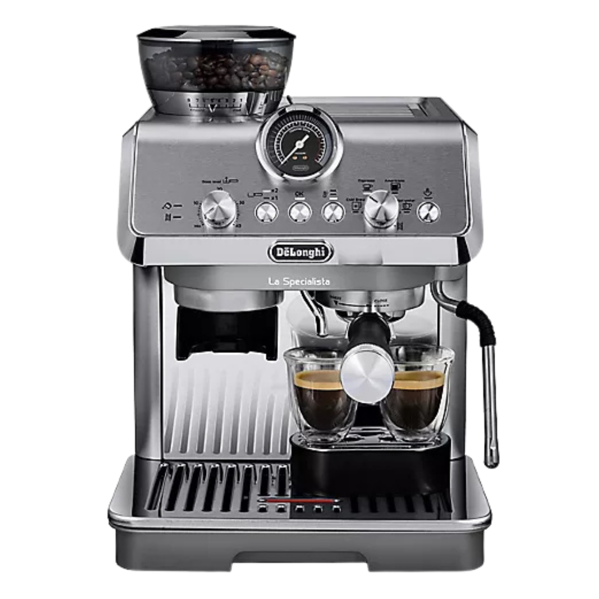 a dark silver delonghi coffee machine