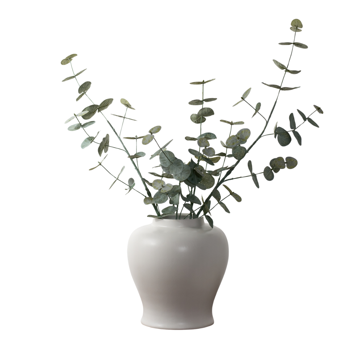 two faux eucalyptus branches in a large grey vase