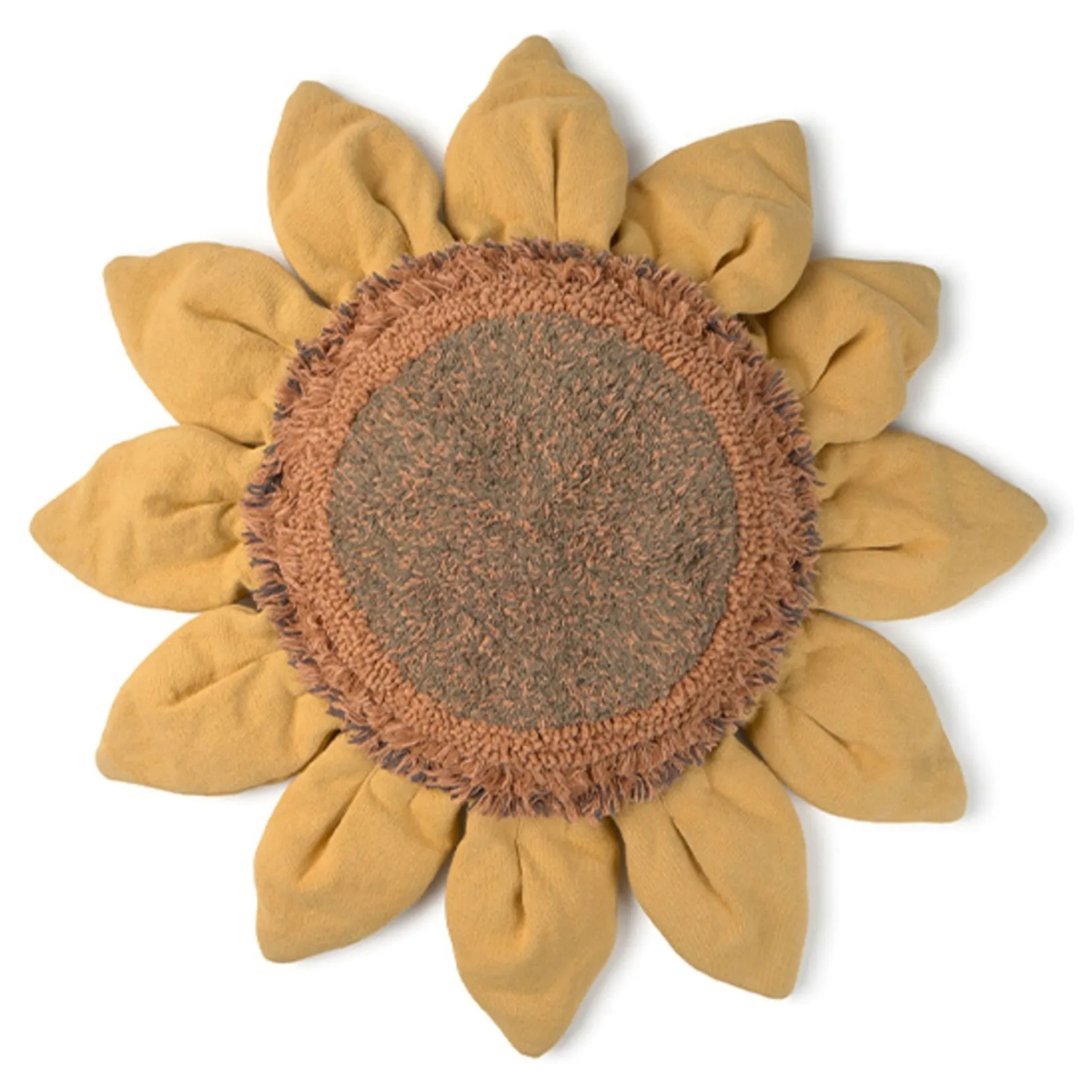 a yellow pouffe in the shape of a sunflower