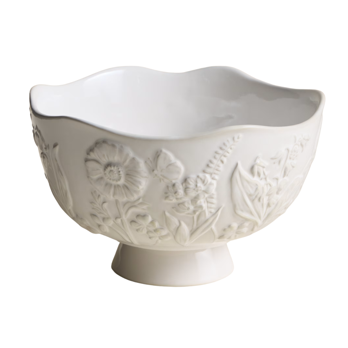 A WHITE CERAMIC SERVING BOWL WITH EMBOSSED FLOWERS