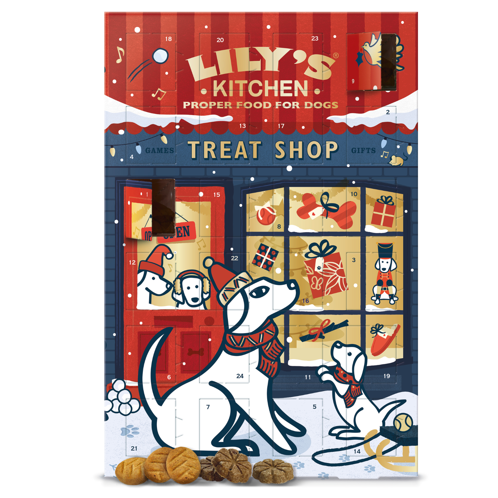 Lily’s Kitchen dog advent calendar illustrated as a festive "Treat Shop" with several round baked treats displayed in front