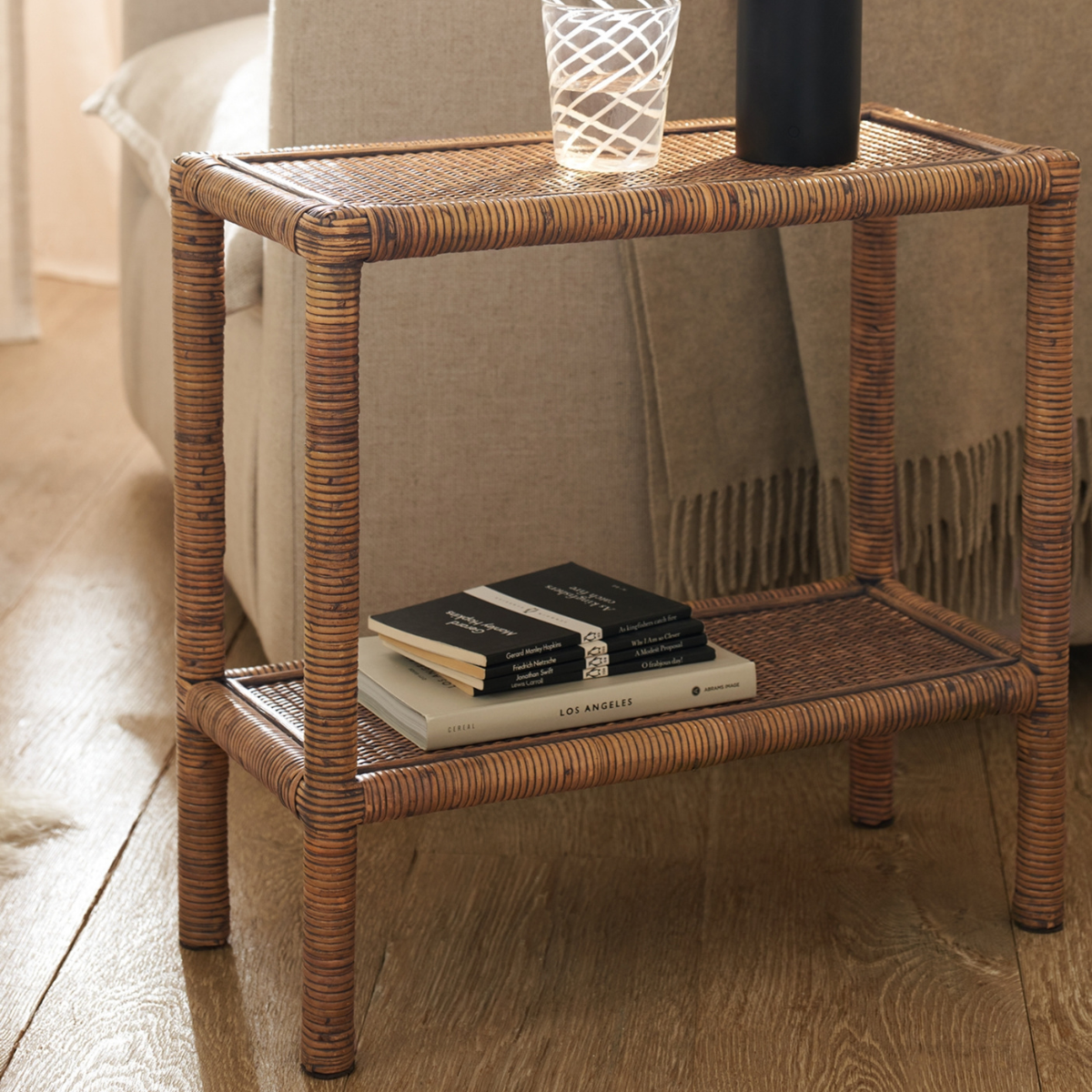 a rattan sofa side table
