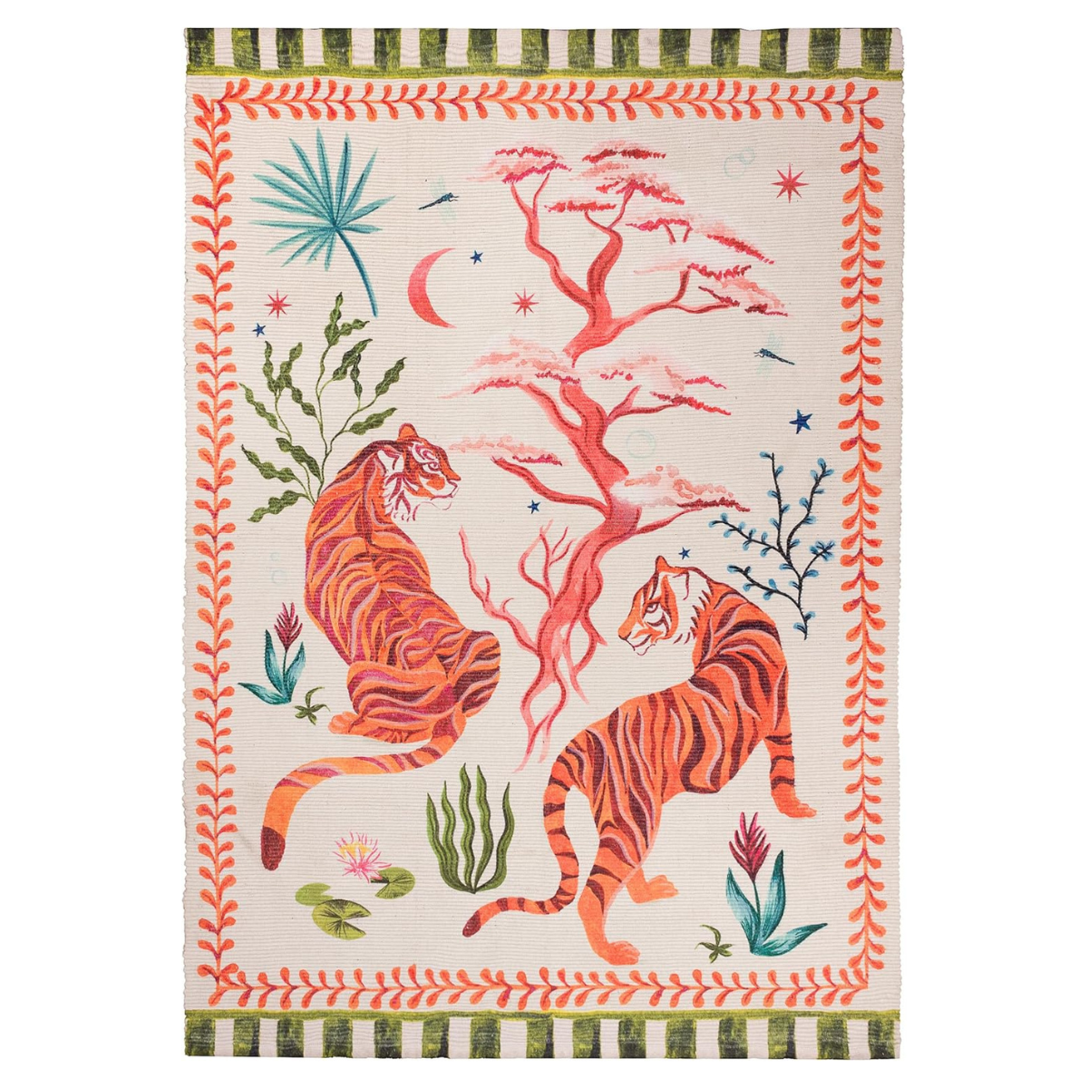 a cream, orange and green rug with two tigers and a tree motif