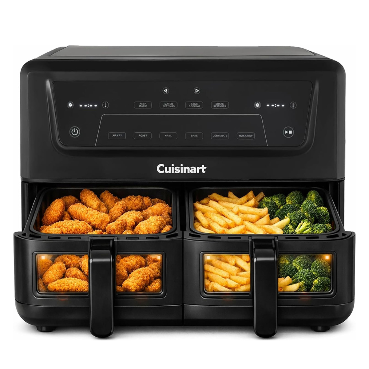 black air fryer with glass panels