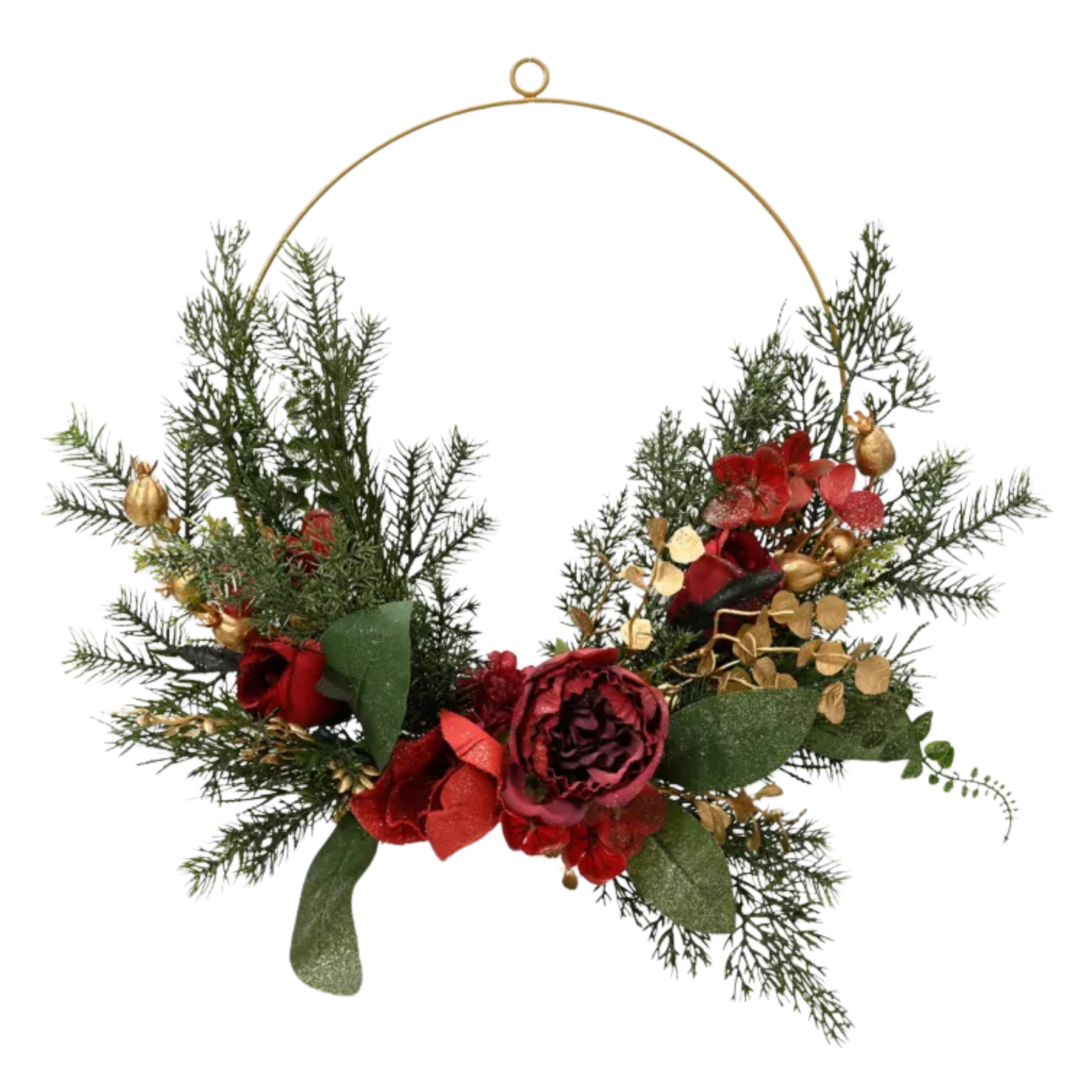 half ring christmas wreath with red flowers