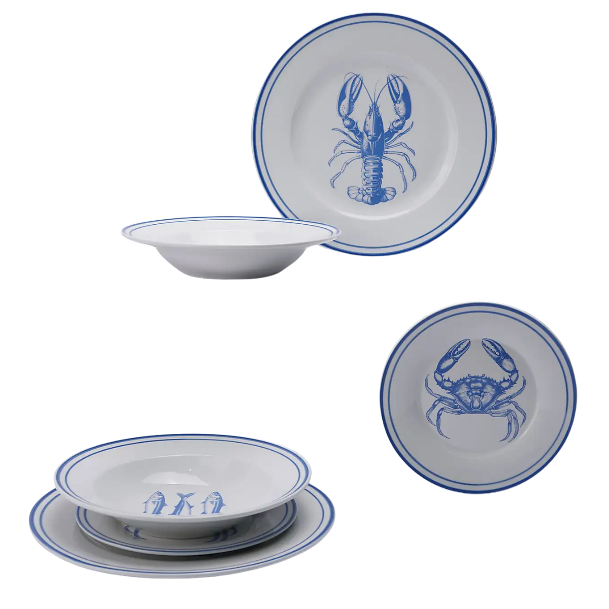 a set of dinner plates with blue illustrations of lobsters, crabs and fish