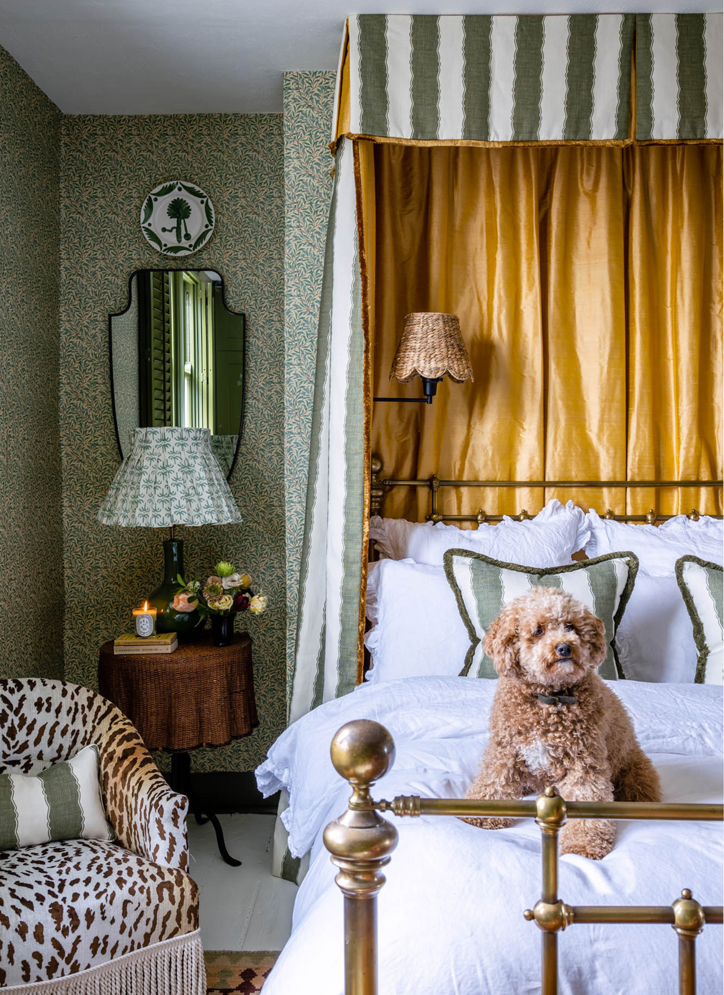 a bedroom with a large white bed with a green and white stripe canopy and a brown fluffy dog sitting on it and a leopard print accent chair next to it