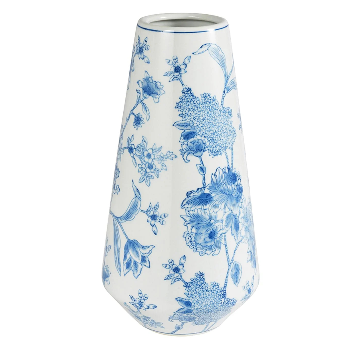 a white ceramic vase with blue flowers