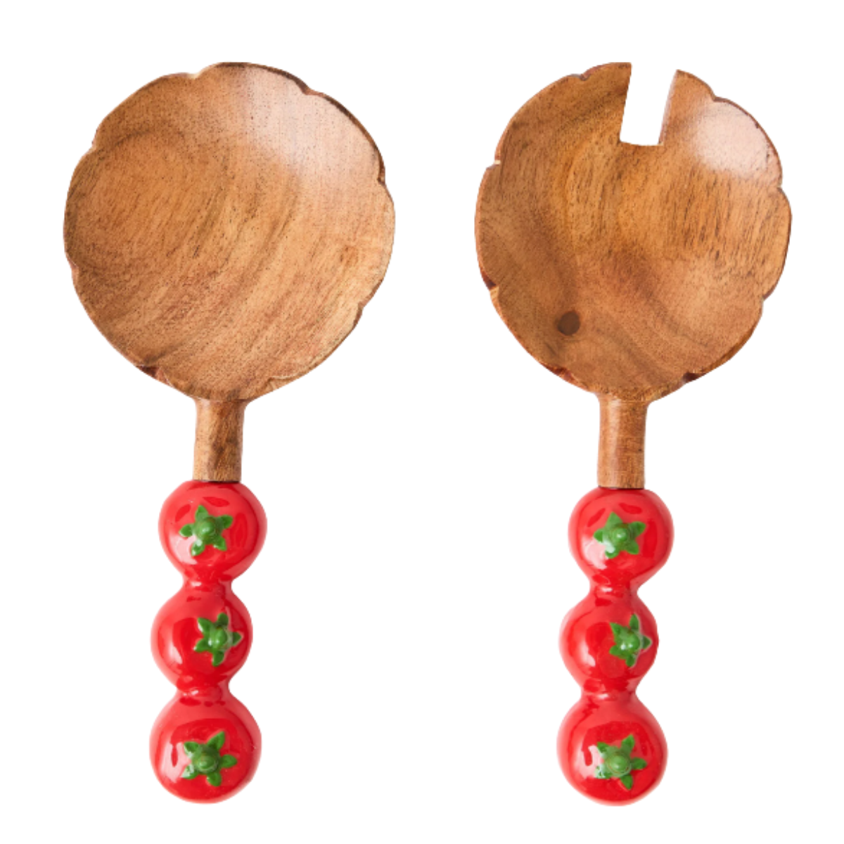 two wooden salad servers with red tomato handles