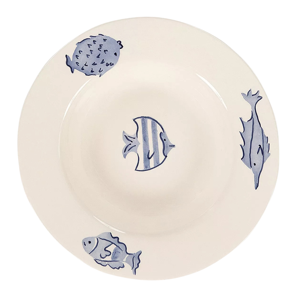 an off white plate with 4 blue painted fishes