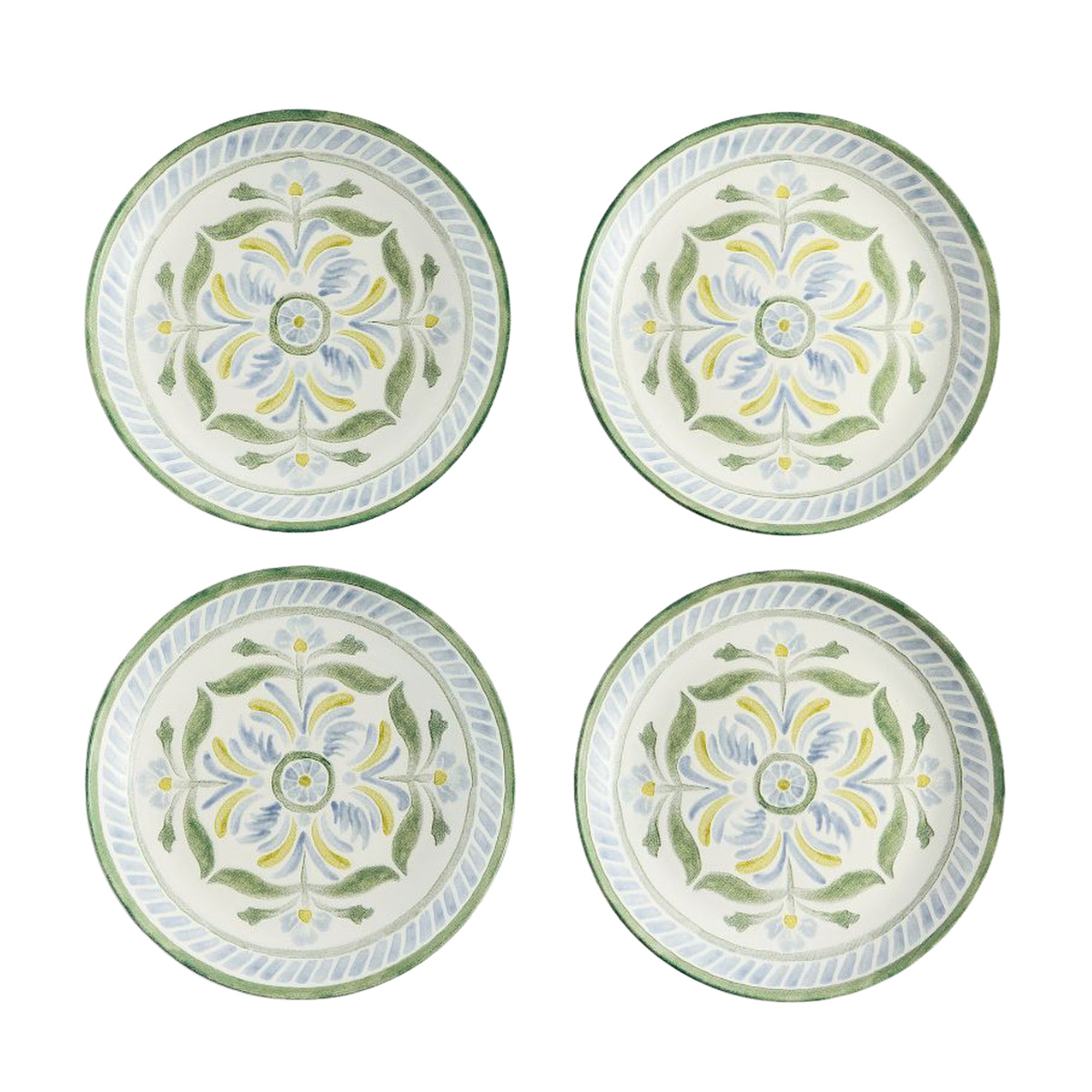 set of 4 green and blue patterned plates