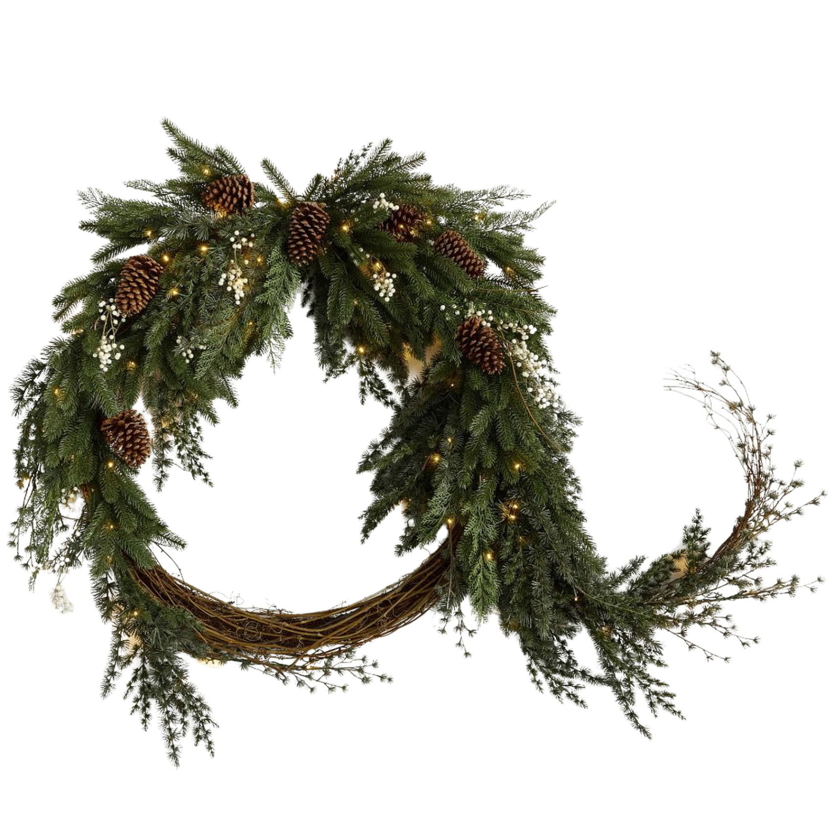 large xmas wreath with lights and pinecones