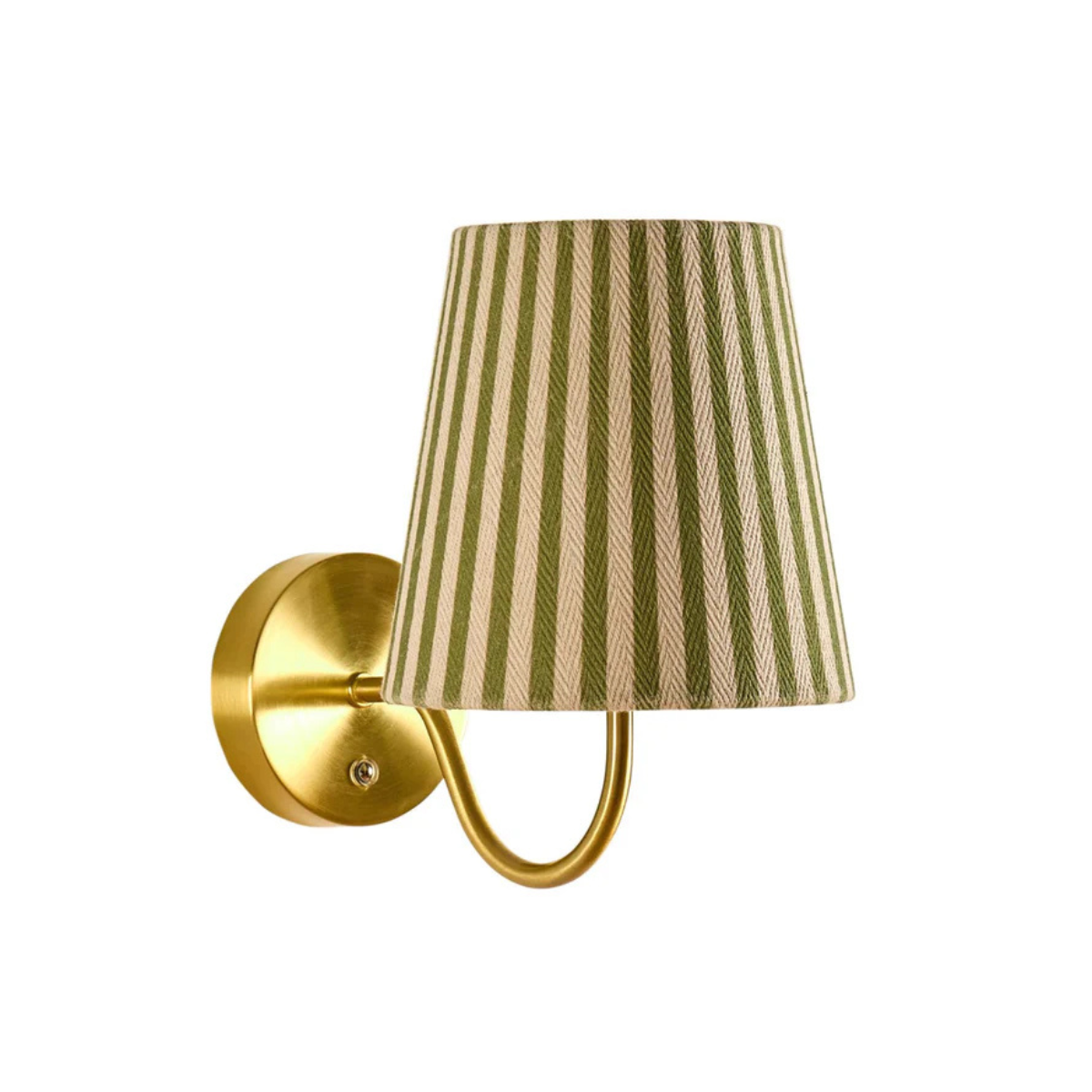 a gold wall light with a cream and green striped shade