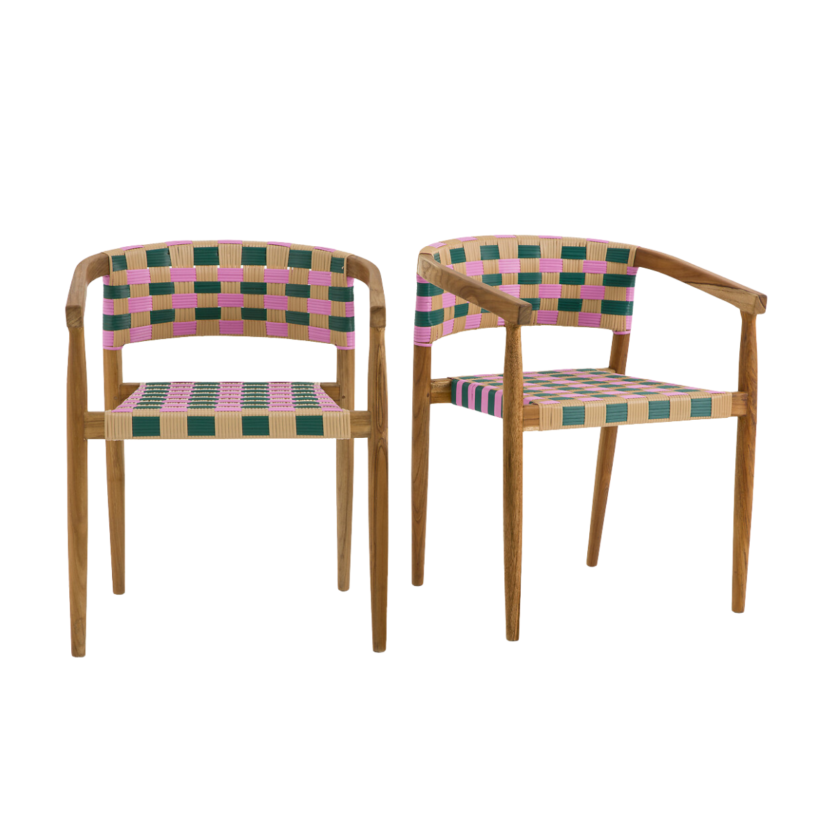 2 wooden and woven outdoor dining chairs with red and pink woven squares