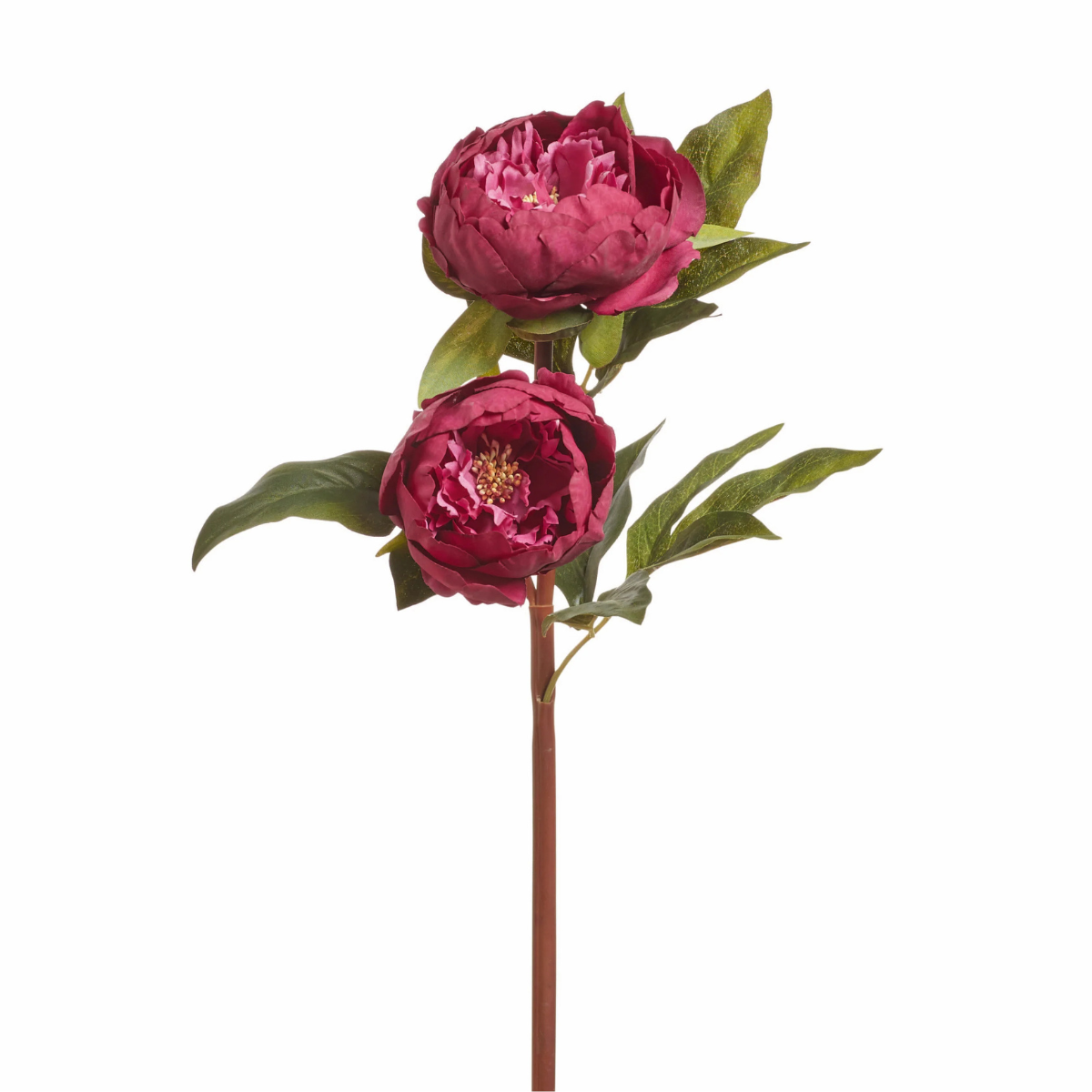 a dark pink faux peony with green leaves