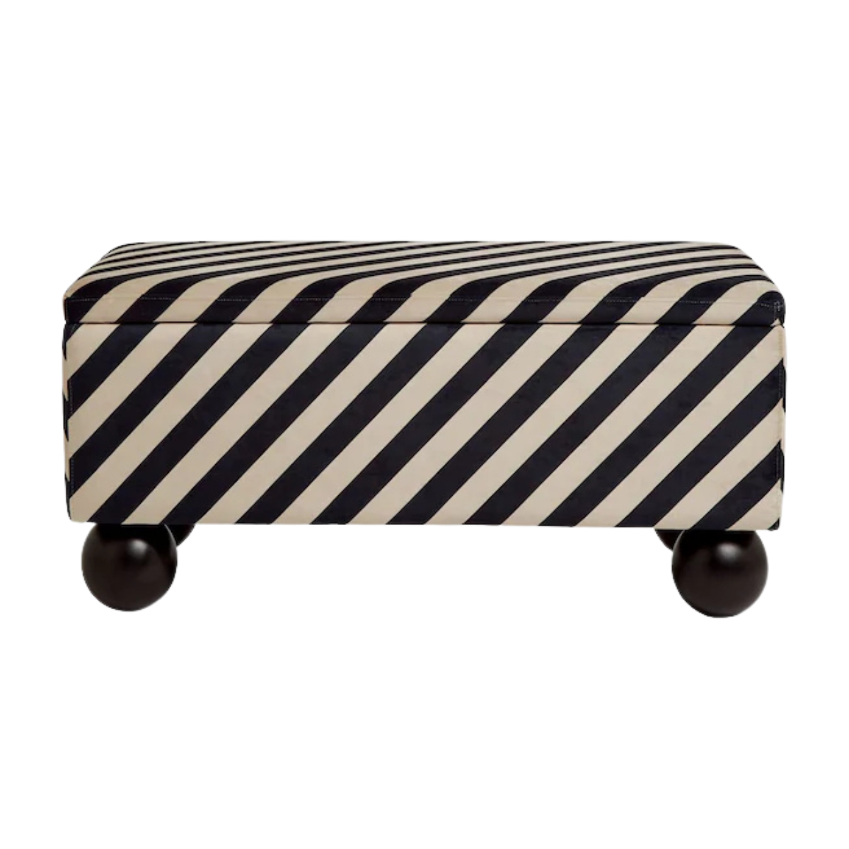 a black and white striped storage ottoman with ball feet