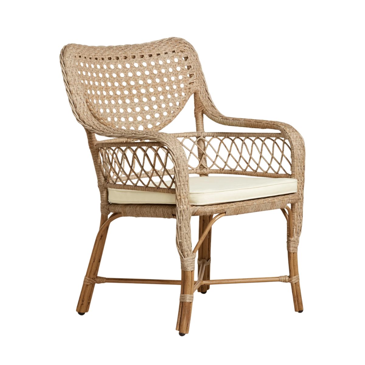 rattan garden chair with a cream seat cushion