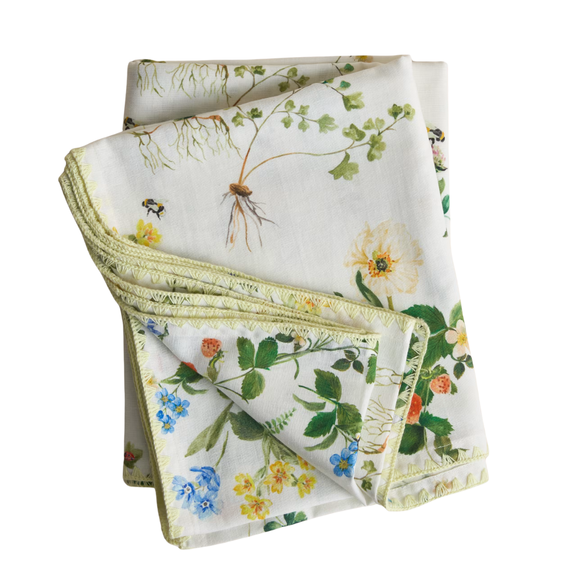 A WHITE TABLE CLOTH WITH HANDPAINTED STYLE MEADOW FLOWERS IN DIFFERENT SOFT COLOURS