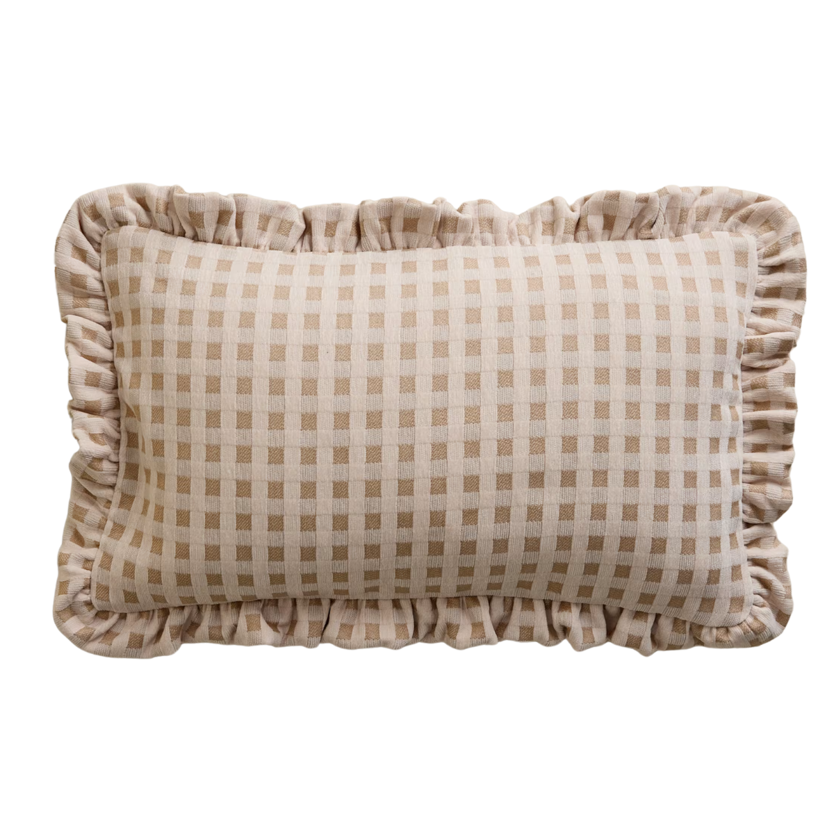A BEIGE GINGHAM BOLSTER CUSHION