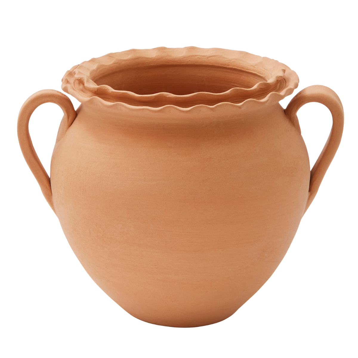 a terracotta pot with handles and a ruffled rim