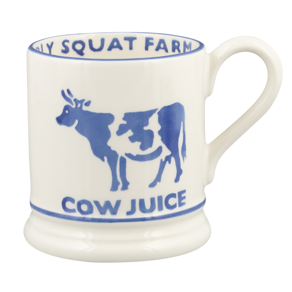 a white emma brigdewater mug wtih a blue printed cow and text that says cow juice