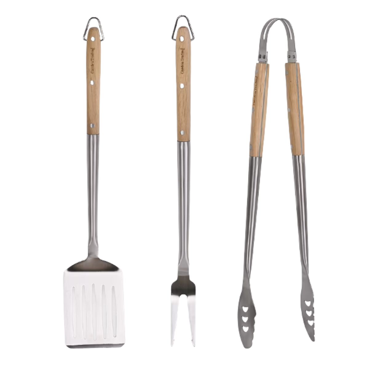 wood and silver bbq tool set