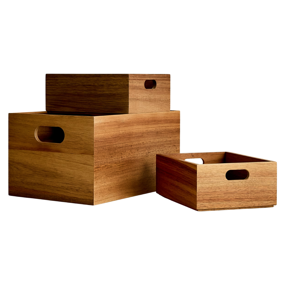 A SET OF THREE WOODEN STACKING BOXES