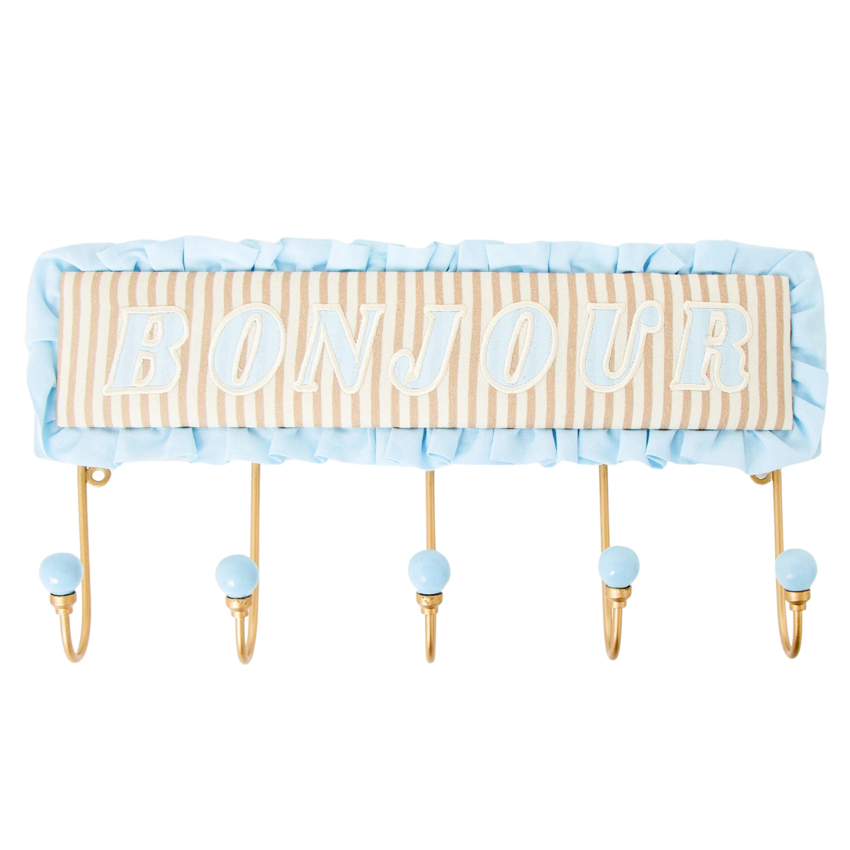 a set of wall hooks with an upholstered strip that says bonjour in blue with a blue frill border