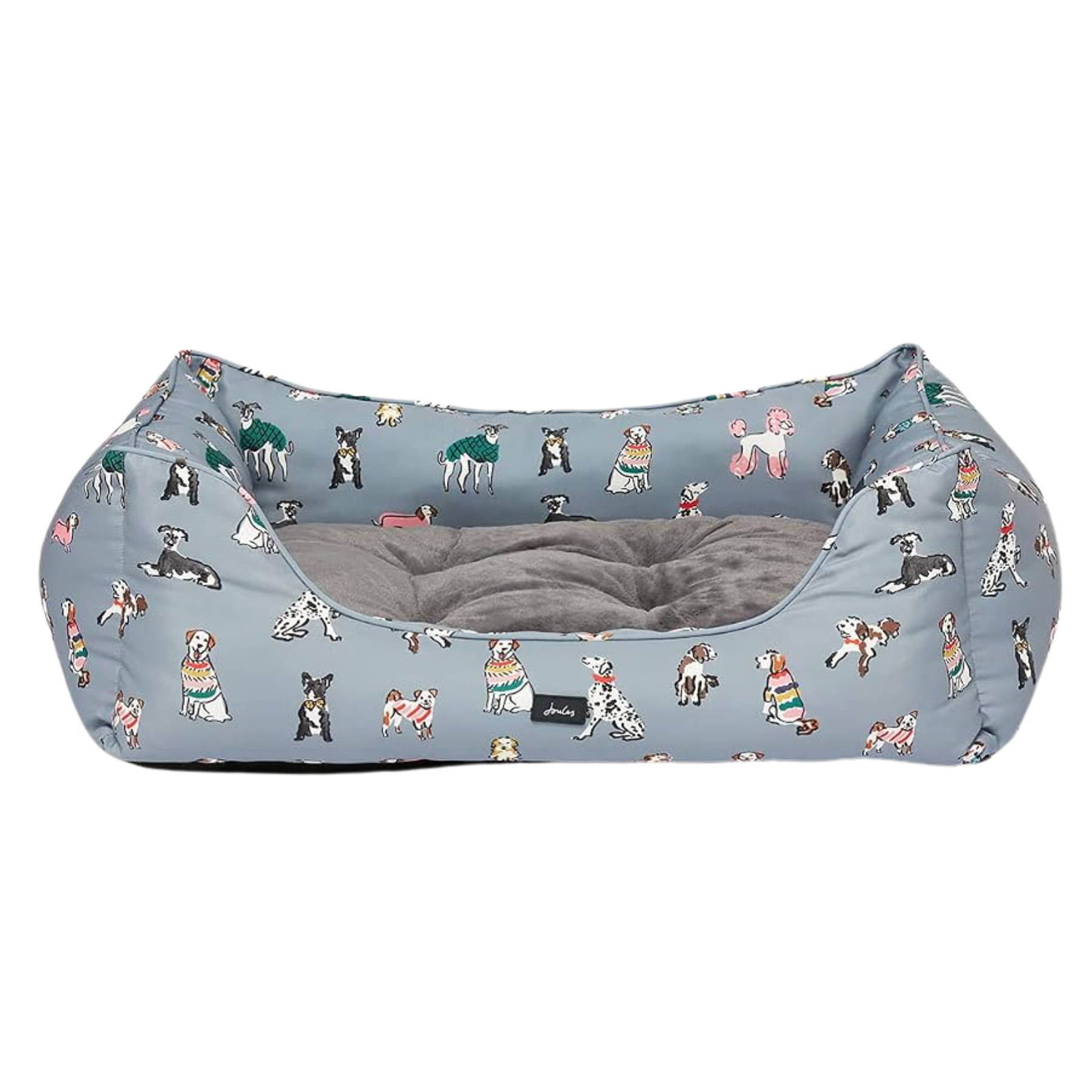 pale blue dog bed with colourful dog illustrations