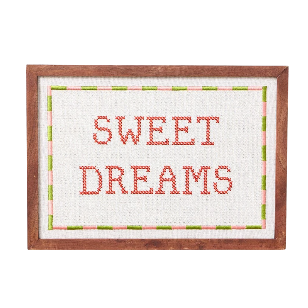 an embroidered sweet dreams wall art in a wooden frame