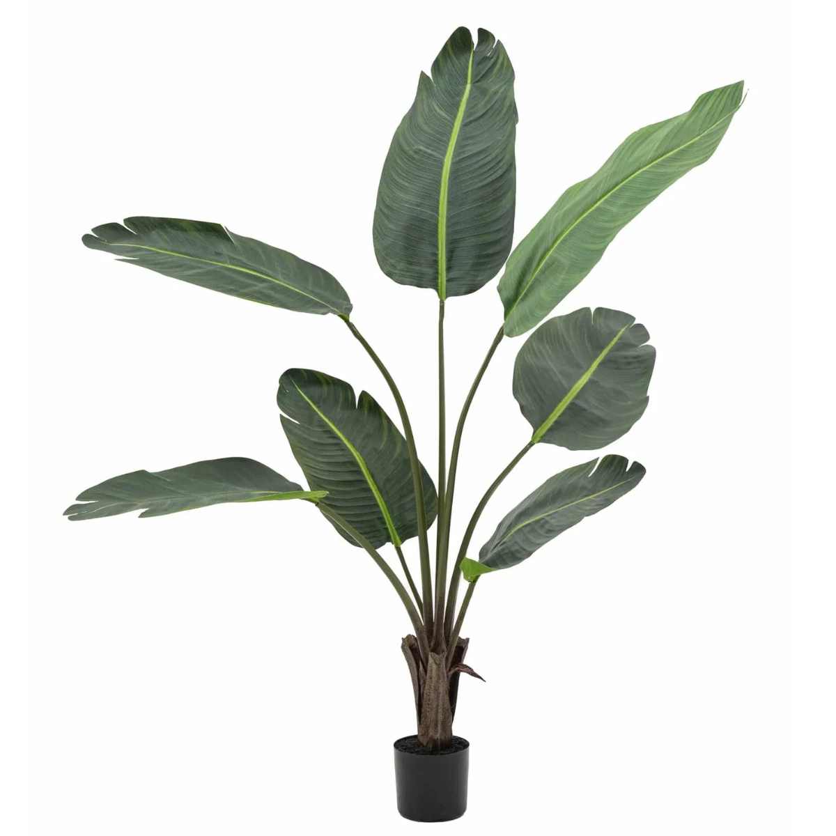 a large faux plant with big leaves in a small black pot