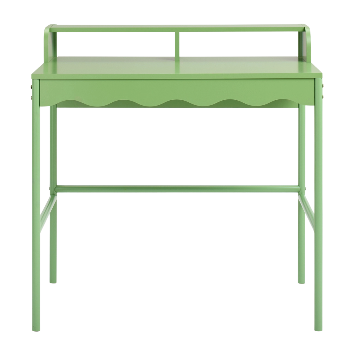 a green desk with a scalloped edge