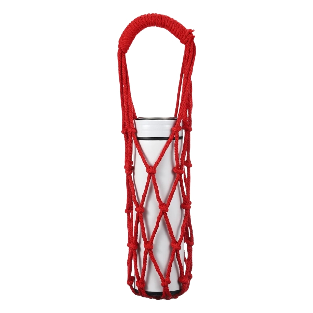 Crochet wine bag holder pictured in red handmade rope on a white bacground